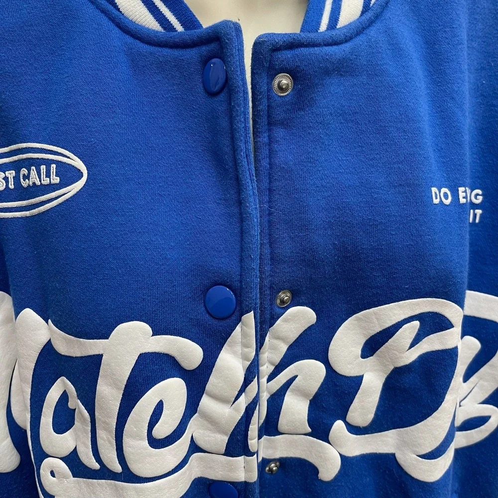 Bershka Mens Blue Match Day Varsity Bomber Jacket Size M Snap Front Streetwear